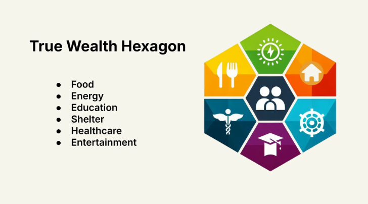 True Wealth Hexagon - Food, Energy, Education, Shelter, Healthcare, Entertainment.